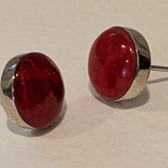 Red and Silver Stud Earrings 925 - Picture 3 of 5